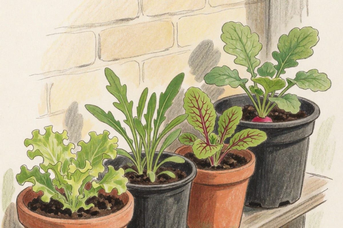 A colored pencil drawing of four terracotta and black plastic pots on a wooden balcony ledge against a brick wall, holding young loose-leaf lettuce, arugula, red-veined mustard greens and a radish with its shoulder showing above the soil