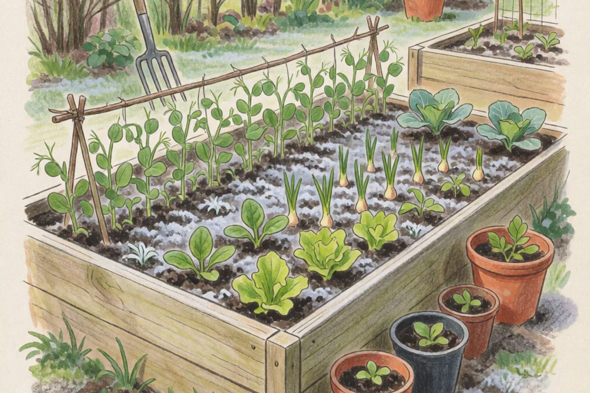 Colored-pencil drawing of a timber raised bed in early spring with frost on the soil, young peas climbing a twig support, spinach, lettuce, sprouting onion sets and two small cabbage transplants