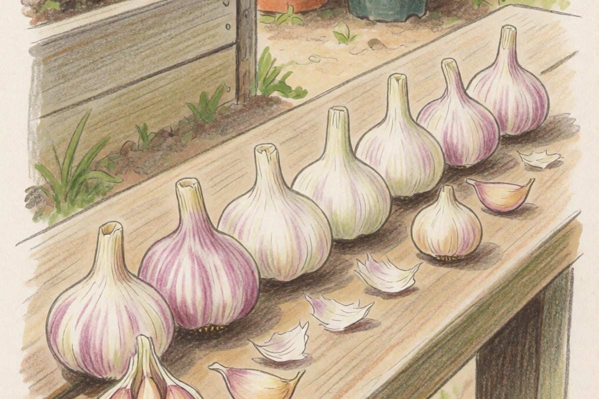 A colored pencil drawing of eight garlic bulbs laid in a row along a wooden bench beside a raised bed, some with purple-streaked skins and some white, loose papery skins scattered around them and one bulb broken open at the front to show its cloves