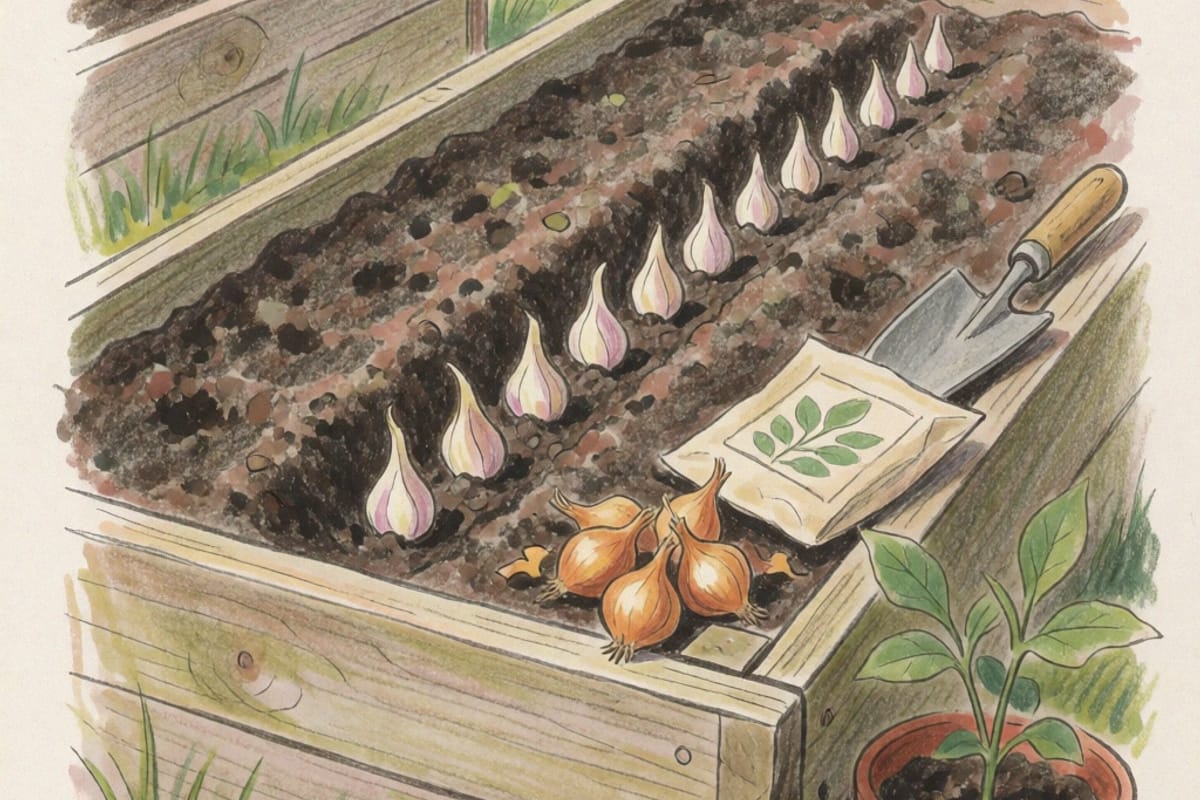 Colored-pencil drawing of a timber raised bed of dark soil with rows of single garlic cloves set pointed-end-up, a handful of brown onion sets and a seed packet on the bed frame beside a worn trowel