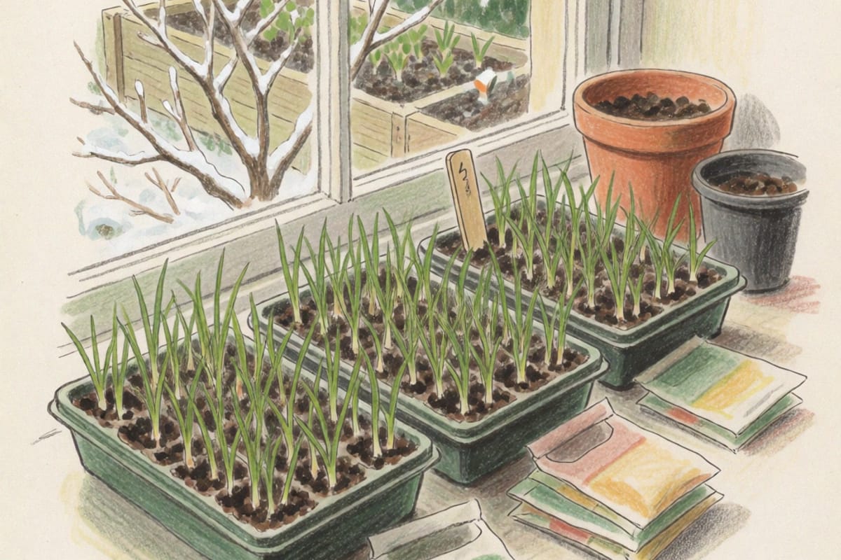 A colored pencil drawing of three seed trays of grass-thin onion and leek seedlings on a kitchen windowsill, open seed packets stacked beside them and snow on the bare branches outside the window