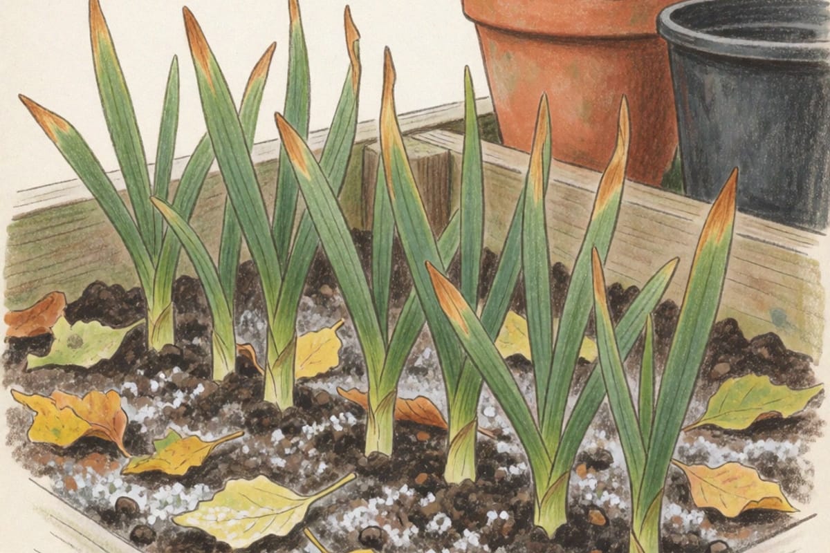 Dibujo a lápiz de color de una hilera de brotes cortos de ajo con las puntas quemadas por la helada, saliendo de la tierra oscura de un bancal con hojas amarillas caídas y una escarcha ligera