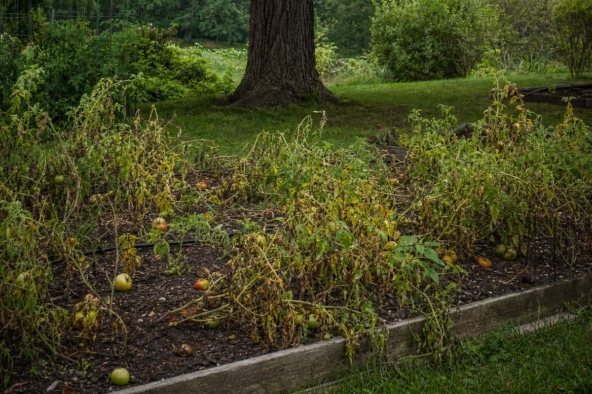 A large black walnut tree beside a vegetable bed of wilting, yellowing tomato plants.