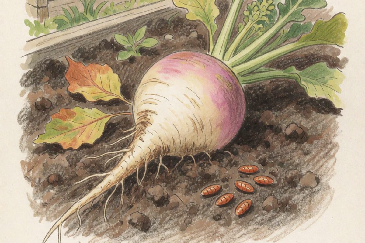 Colored-pencil drawing of a pulled purple-topped turnip lying on dark soil beside a timber raised bed, with a small cluster of reddish-brown oval root maggot pupae in the soil next to it