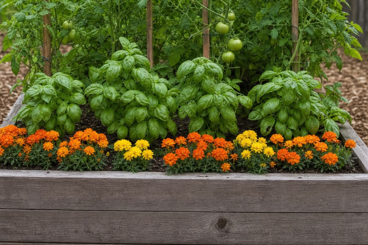 Staked tomato plants interplanted with basil, with orange marigolds bordering the front of the bed.