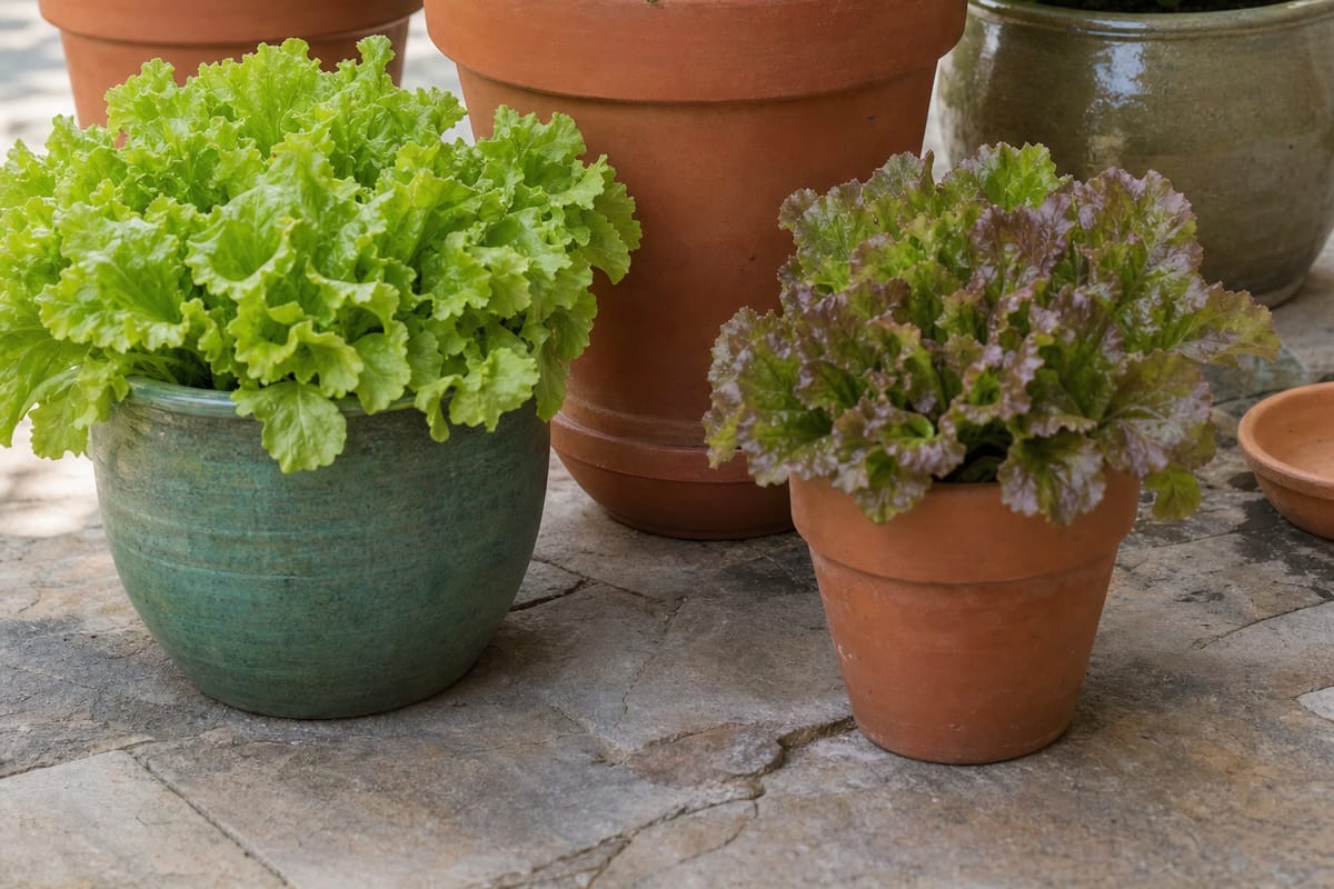 A sunny patio corner with pots of lettuce, a fruiting pepper plant, basil and a compact patio tomato.