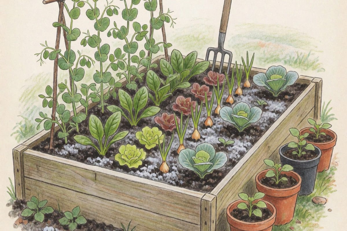 Dibujo a lápiz de color de un bancal elevado de madera a principios de primavera con escarcha en la tierra, guisantes trepando por un tutor de ramas, espinacas, lechugas, bulbillos de cebolla brotando y coles pequeñas trasplantadas