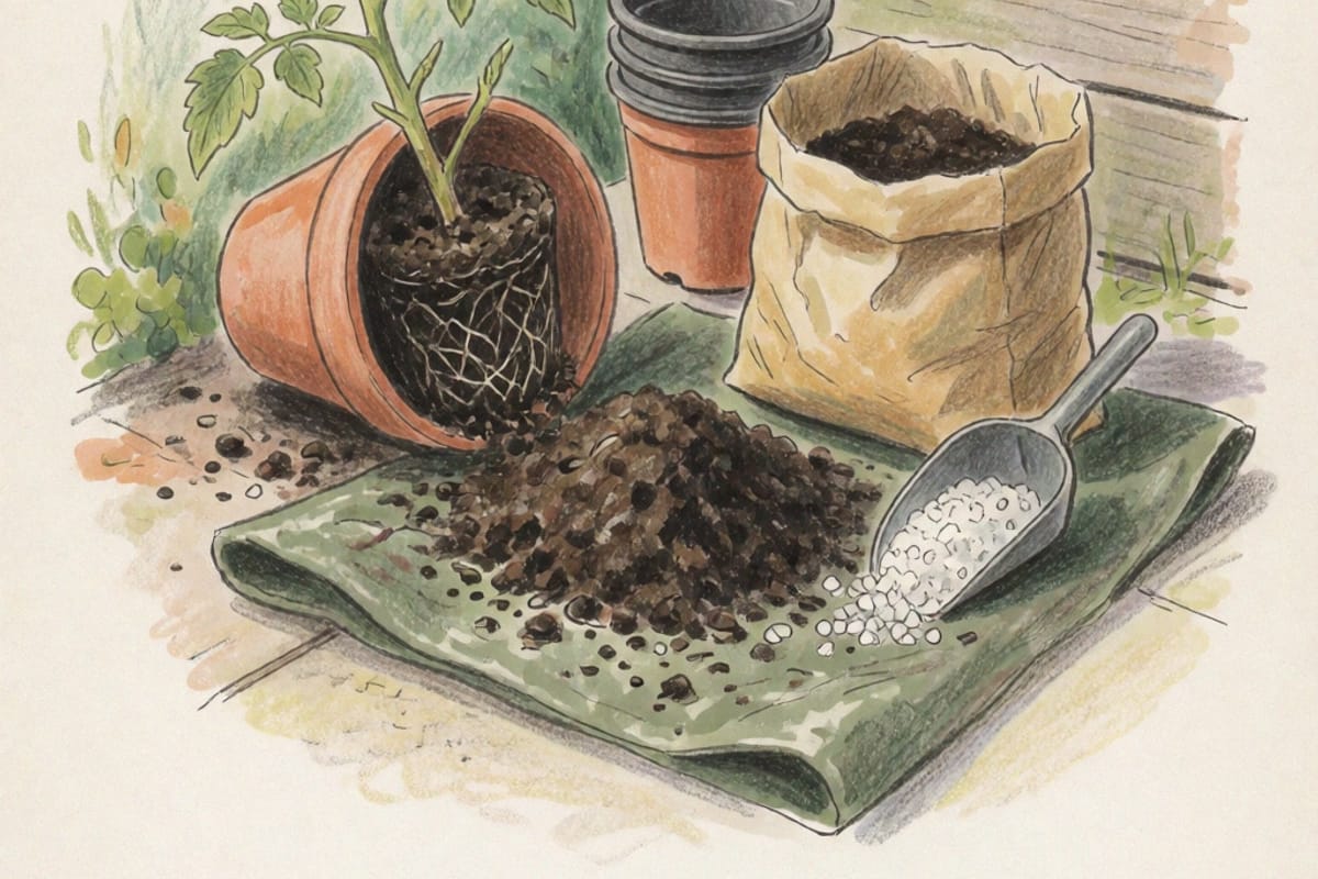 A colored pencil drawing of a terracotta pot tipped on its side with the dense root plate of a finished tomato plant still in it, a heap of spent potting mix on a tarpaulin, a sack of fresh mix and a scoop of white perlite alongside