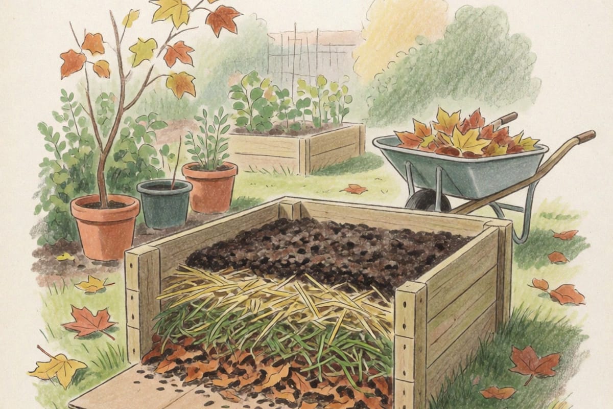 Colored-pencil drawing of a new timber raised bed in autumn filled in layers of fallen leaves, green grass clippings, straw and dark compost over cardboard, with a wheelbarrow of leaves beside it