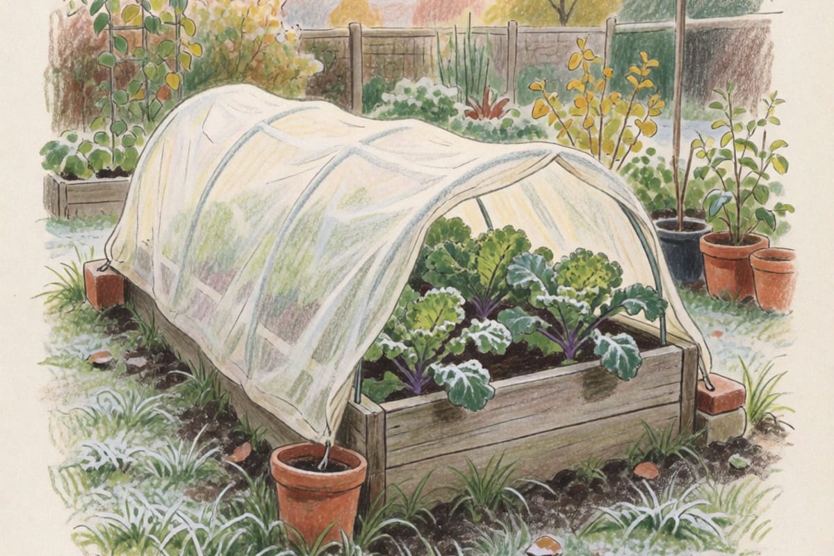 Colored-pencil drawing of a timber raised bed at dusk with white row cover stretched over wire hoops and held down with bricks, frosted kale showing at the open end of the bed