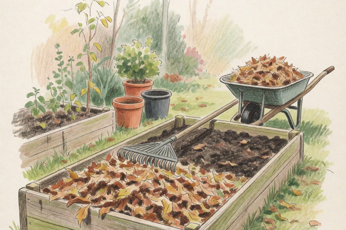 Colored-pencil drawing of a timber raised bed half covered in shredded autumn leaves, the bare half showing dark soil, a rake laid across the frame and a wheelbarrow of leaves at the end of the bed