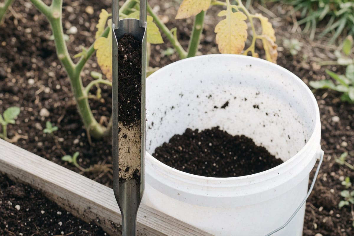 A stainless soil probe pushed into dark soil at the edge of a raised bed, holding a core that shows dark topsoil above paler subsoil