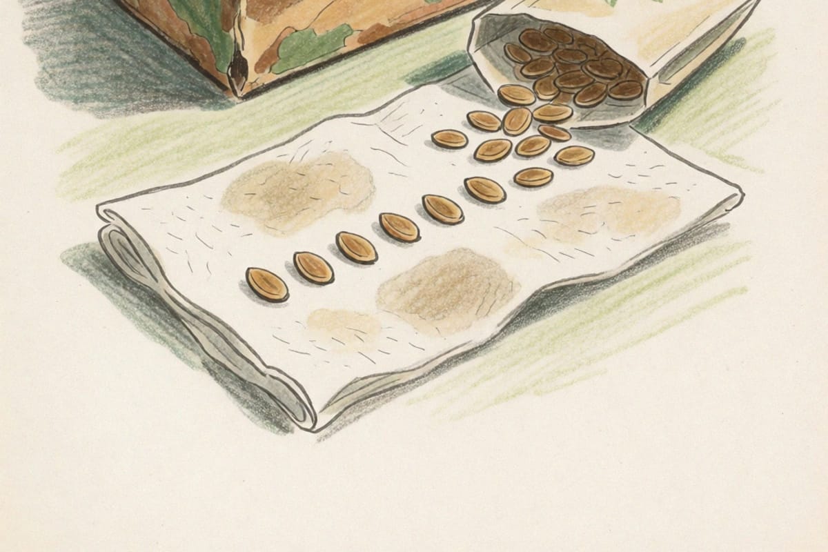 Colored-pencil drawing of a shoebox of part-used seed packets on a kitchen table, one packet tipped open with flat brown seeds spilled beside it, and ten seeds set out in a row on a folded damp paper towel