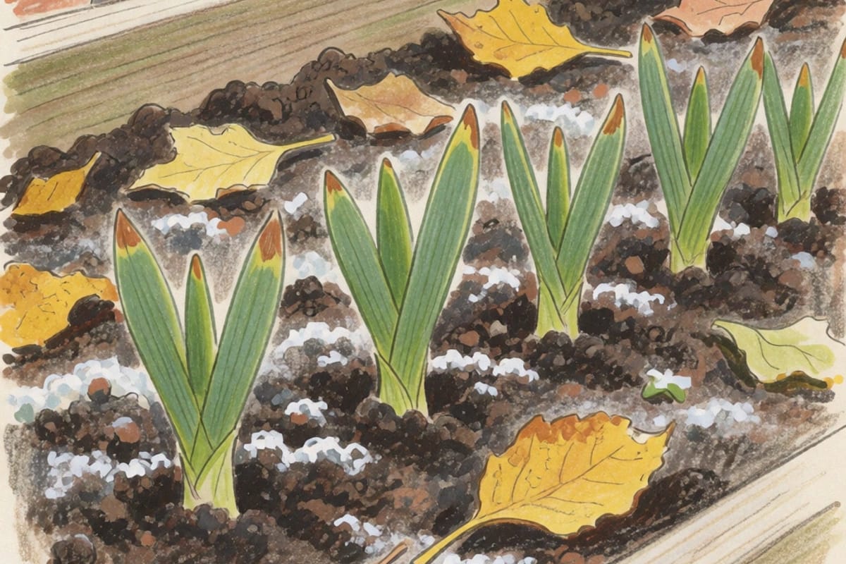 Colored-pencil drawing of short garlic shoots with frost-browned tips coming up in a row through dark soil, with fallen yellow leaves and a light frost on the bed