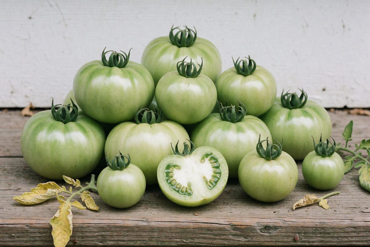 A pile of mature green tomatoes of varying sizes on a wooden porch step, one cut in half showing pale jellied seed cavities, vine leaves scattered around them