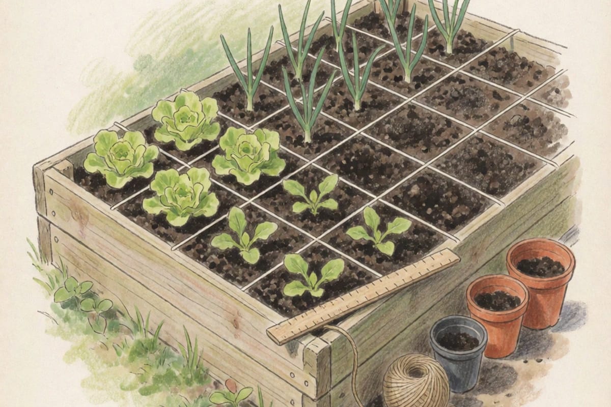 A colored pencil drawing of a timber raised bed divided into square-foot sections with white string, some squares holding evenly spaced lettuce and onion seedlings and the rest bare soil, a wooden ruler and a ball of twine beside it
