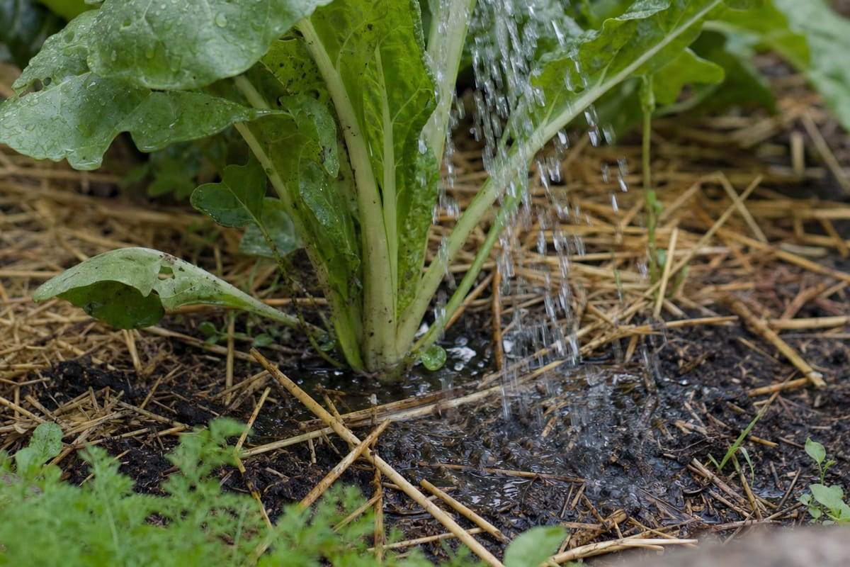 Water from a watering can soaking into dark soil at the base of leafy vegetables mulched with straw.
