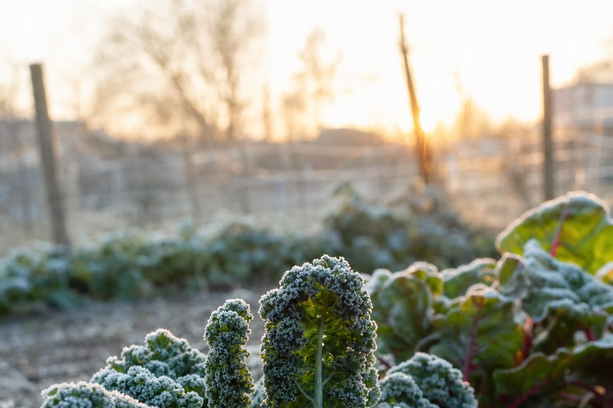 Frost-covered kale and chard in a vegetable bed at sunrise.