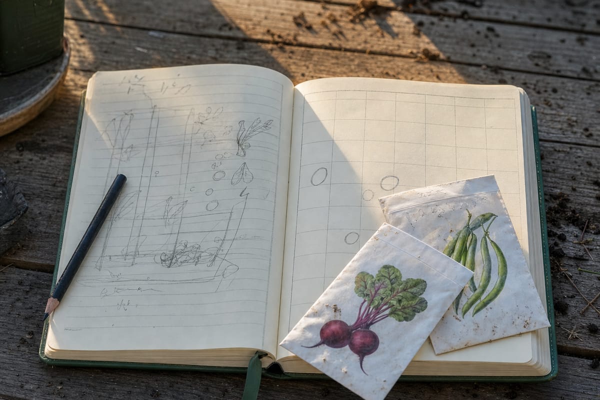 An open garden planning notebook with a hand-sketched bed layout and a blank planting calendar grid, a pencil and seed packets for beets and beans resting on the page, warm late-afternoon light on a wooden outdoor table.
