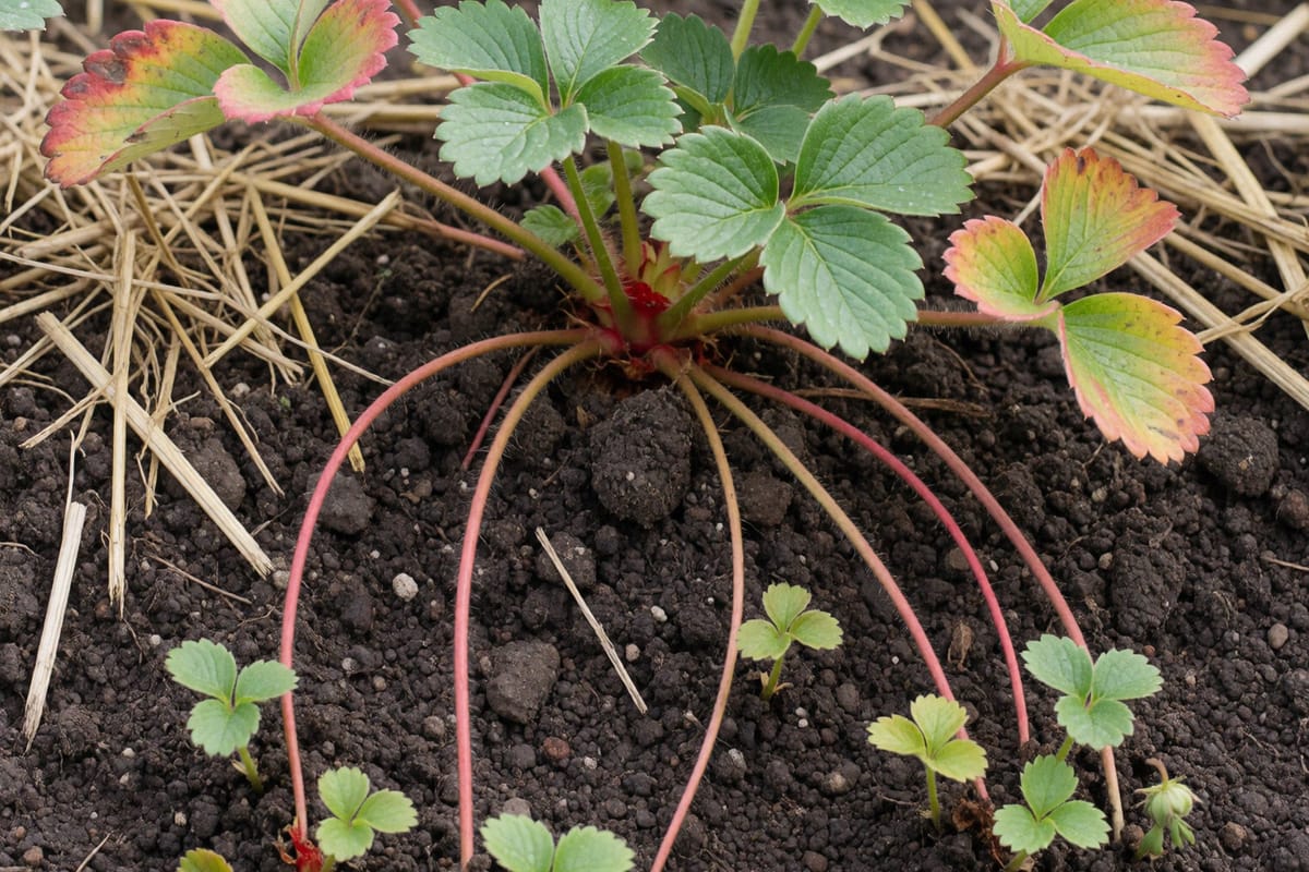 A strawberry crown in early autumn with runners rooting into dark soil and the outer leaves turning red