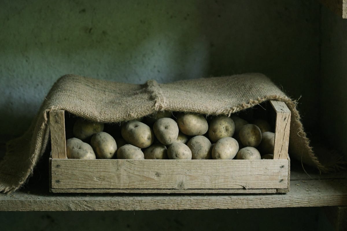 A slatted wooden crate of earth-dusted potatoes half covered by a folded burlap sack on a plank shelf in a dim storeroom