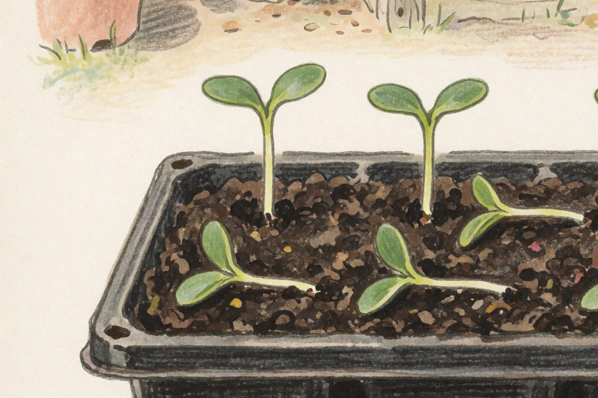 Dibujo a lápiz de color de una bandeja de semillero con dos plántulas de pie y otras tres caídas y tumbadas sobre el sustrato