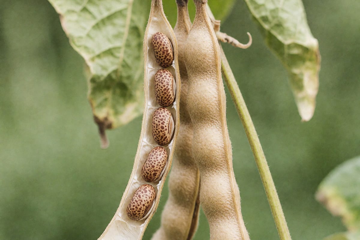 Dry tan bean pods split open on the vine with brown speckled beans still inside, late summer light.