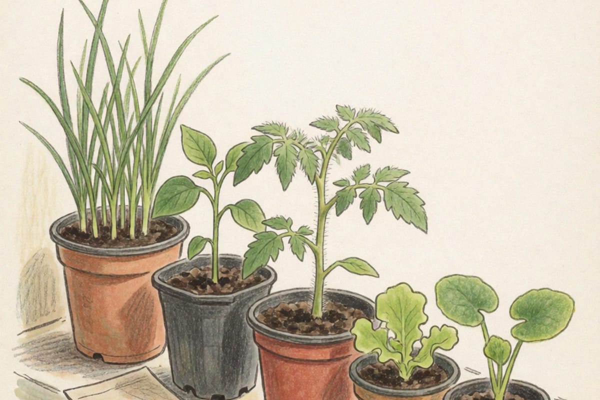 Colored-pencil drawing of a row of pots on a windowsill holding onion, pepper, tomato, lettuce and squash seedlings, arranged from tallest to smallest beside plain seed packets