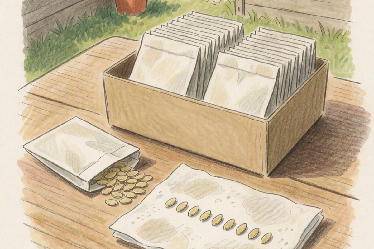 Dibujo a lápiz de color de una caja con sobres de semillas empezados sobre una mesa de madera, un sobre volcado con semillas planas derramadas y una fila de semillas sobre papel de cocina húmedo y doblado