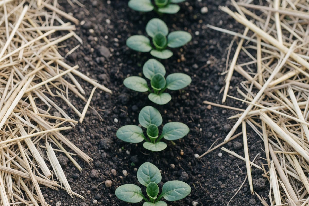 A row of young spinach seedlings with their first true leaves, growing in dark soil between banks of loose straw mulch