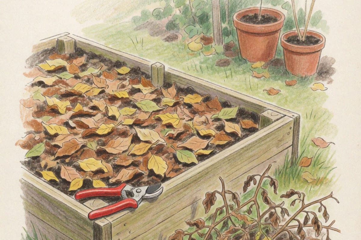 Colored-pencil drawing of a cleared timber raised bed in late autumn mulched with fallen leaves, a heap of cut dry tomato vines on the grass beside it and a pair of pruners on the edge