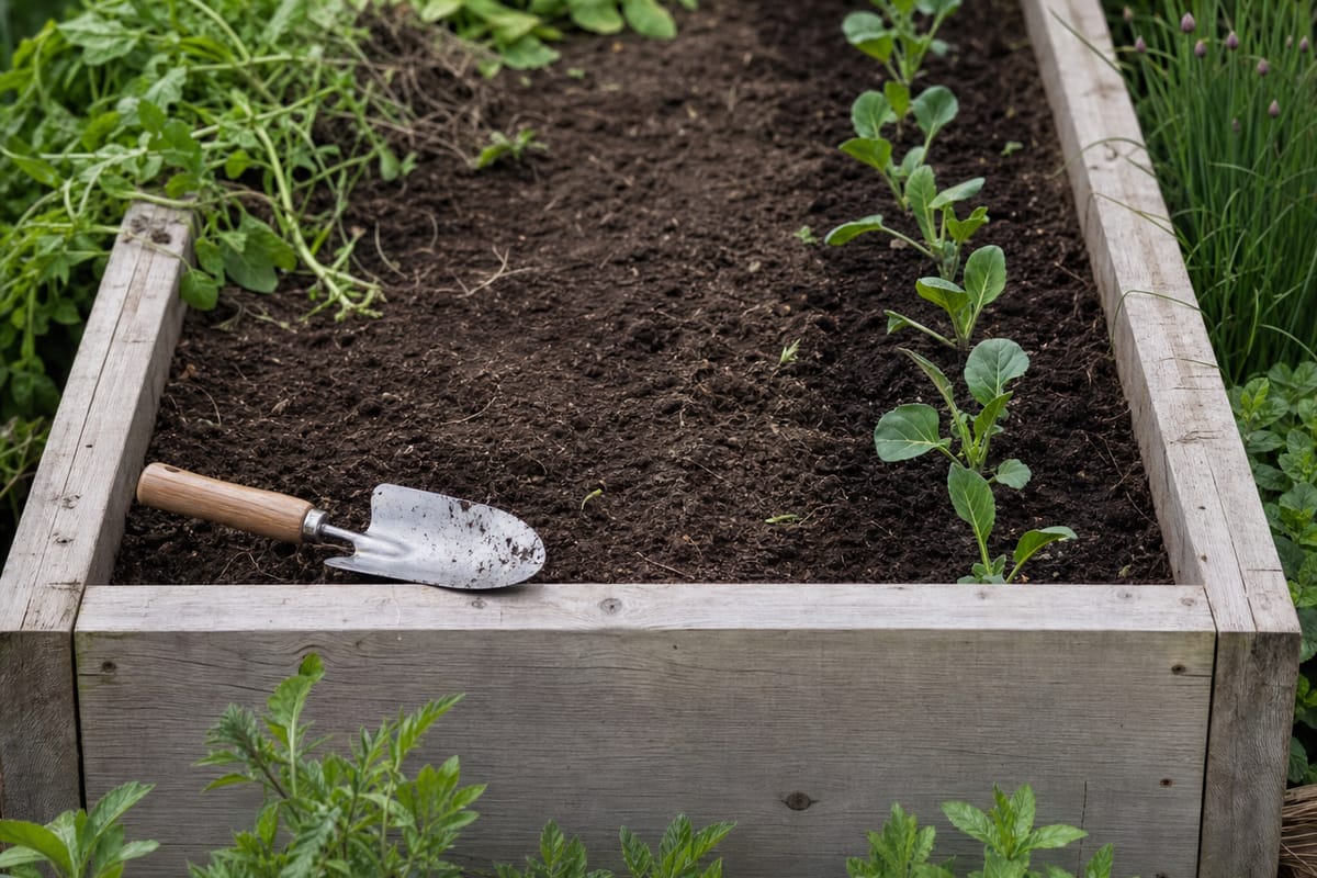 A raised bed half cleared of a spent crop, with a row of fresh seedlings transplanted into the other half.