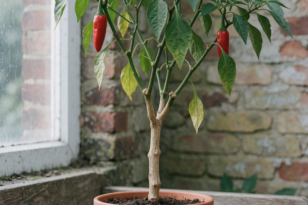 A chile pepper plant in a terracotta pot with a woody pale trunk and two ripe red fruits, next to a window against an old brick wall