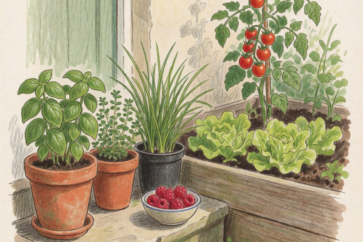 Colored-pencil drawing of pots of basil, thyme and chives on a back step beside a bowl of raspberries, with a raised bed of loose-leaf lettuce and a staked cherry tomato behind