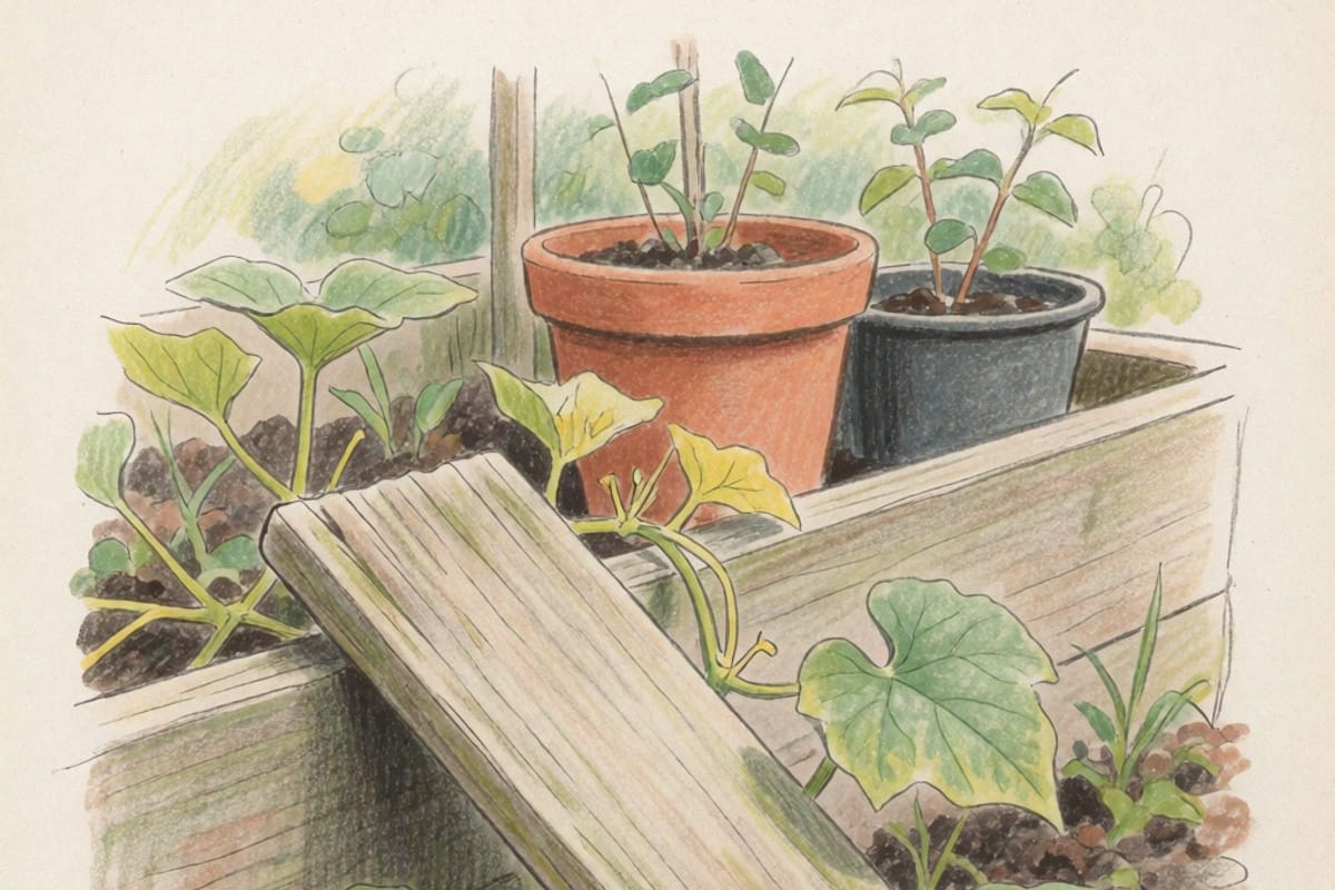 Colored-pencil drawing of a plank lifted away from the edge of a timber raised bed, dry squash vines and fallen leaves underneath, several flat grey-brown squash bugs sheltering in the litter