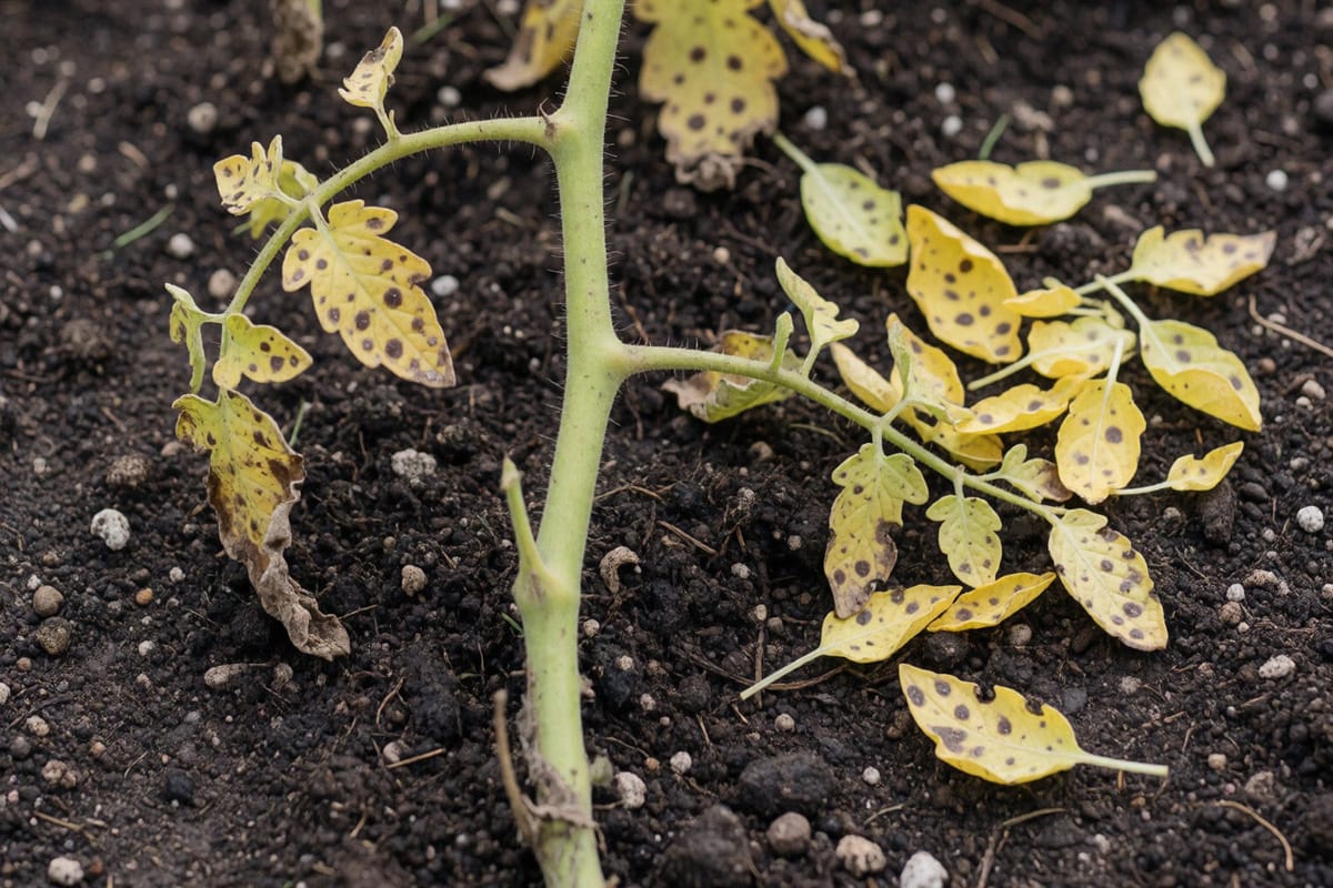 Yellowing tomato foliage covered in small dark brown spots, with fallen spotted leaves scattered across dark soil