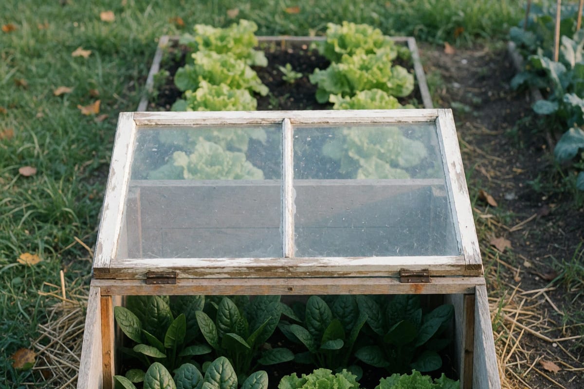 A homemade cold frame built from a salvaged wood-framed window propped open over a raised bed, with rows of lettuce and spinach growing inside