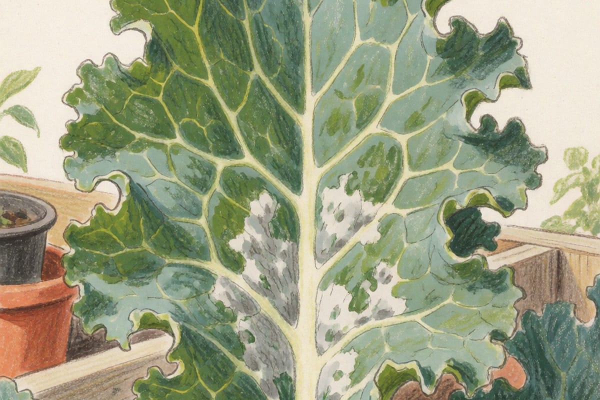 A colored pencil drawing of a crinkled blue-green kale leaf with an irregular chalky gray-white crust smothering the base of its pale midrib and creeping raggedly into the vein forks