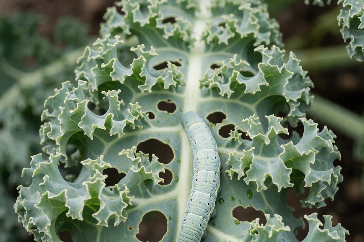 A curly kale leaf eaten through with ragged holes, a green caterpillar the same color as the leaf resting along the midrib.