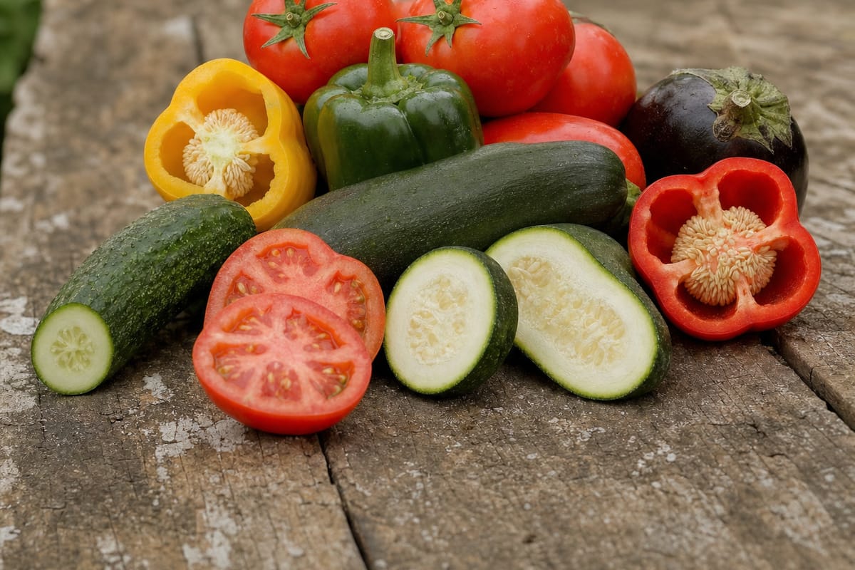 Tomatoes, a cucumber, zucchini, peppers and an eggplant on a wooden table, several sliced open to show their seeds.