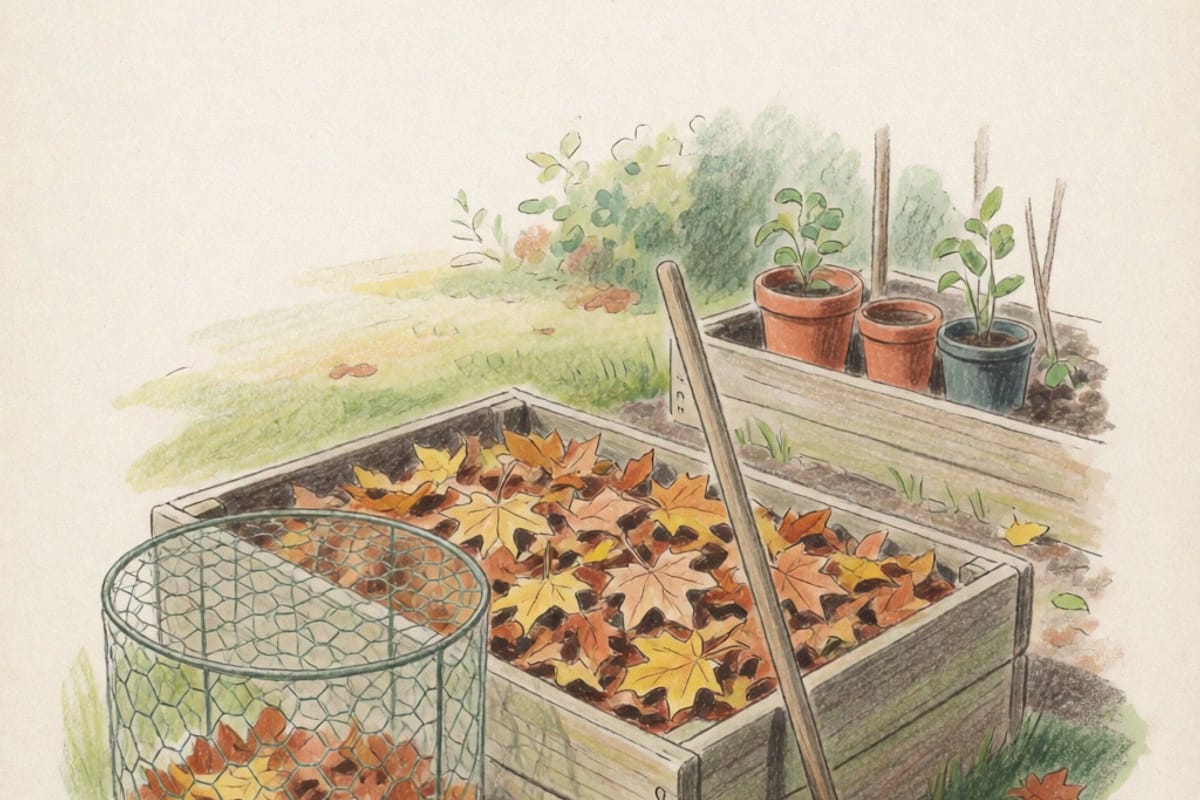 Colored-pencil drawing of a timber raised bed covered in fallen orange and yellow maple leaves, with a chicken-wire cage of leaves beside it and a rake leaning on the bed