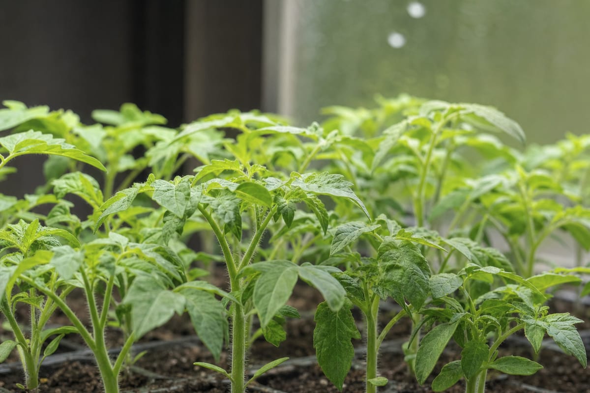 A tray of young stocky tomato seedlings growing under a grow light indoors.