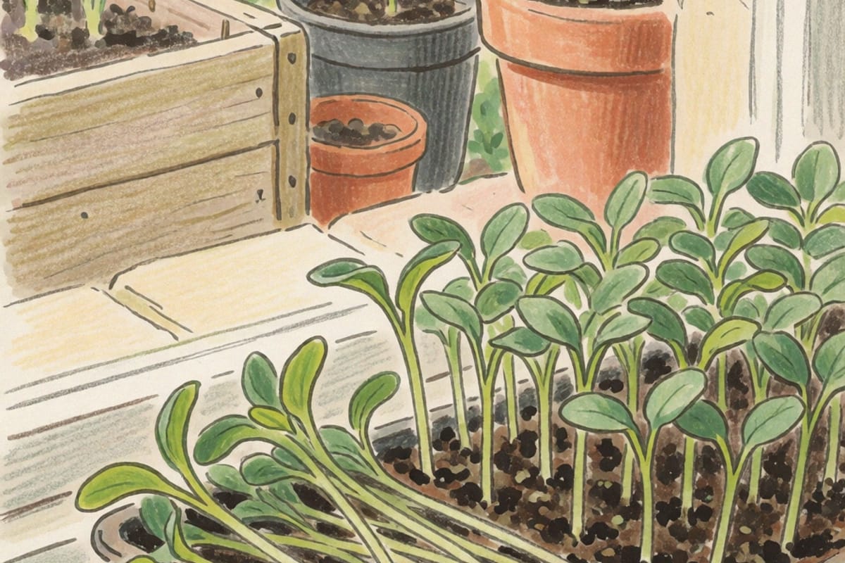 Colored-pencil drawing of a seed tray on a windowsill where a patch of seedlings in the front corner has toppled flat onto the compost while the rest stand upright