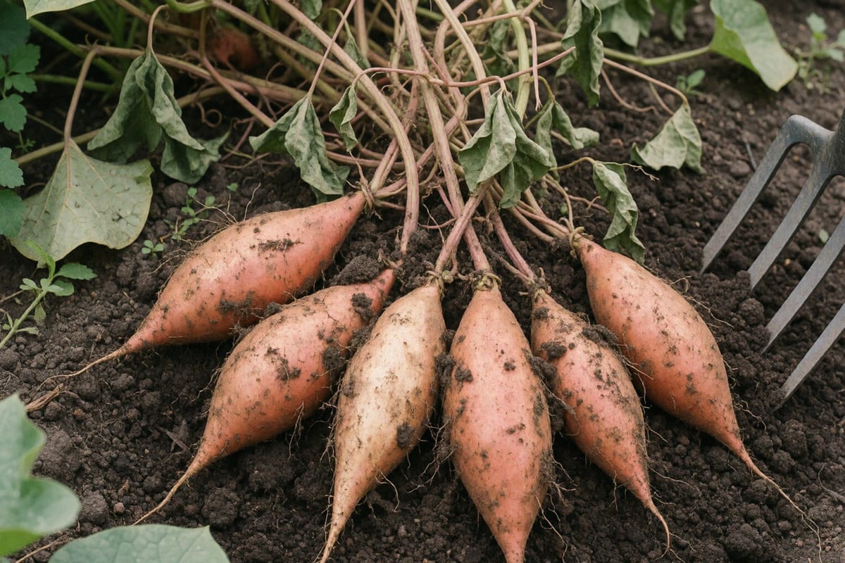 A dug clump of pale copper sweet potatoes still attached to the crown, unwashed and dusted with dark soil, wilting heart-shaped vines behind them and a garden fork at the edge of the frame