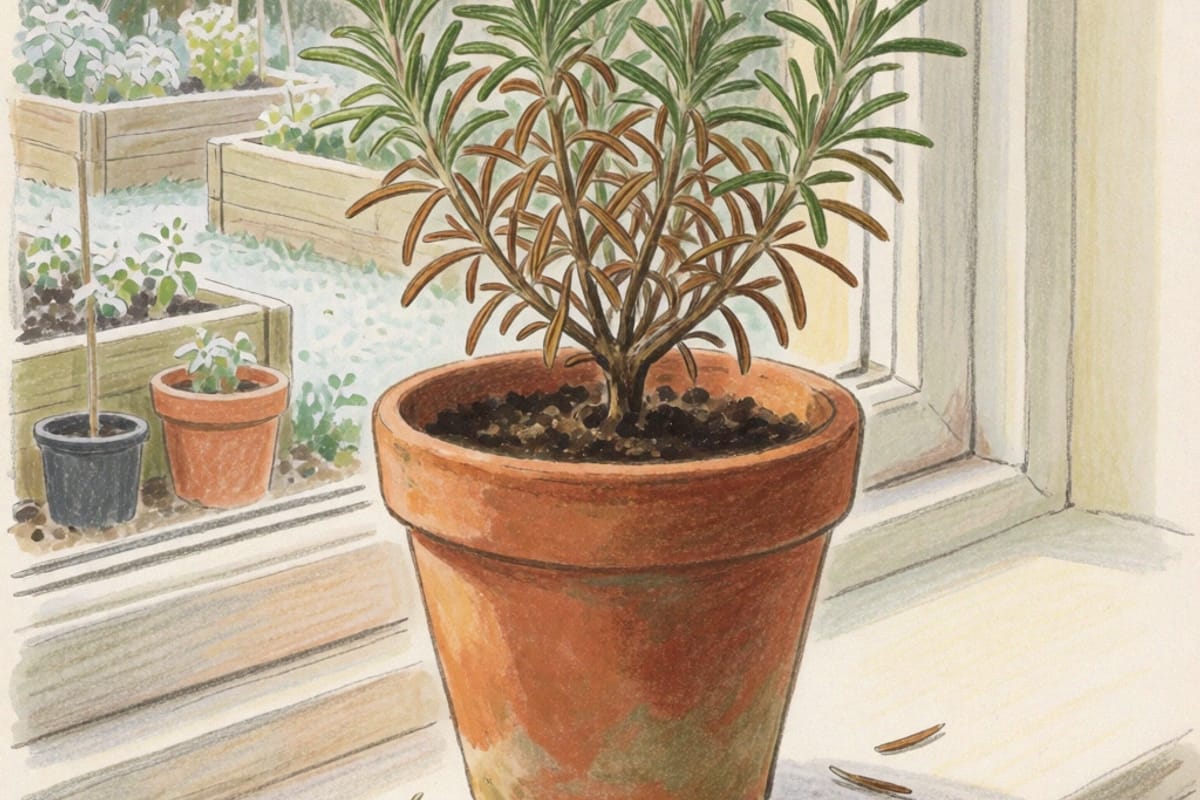 Colored-pencil drawing of a potted rosemary in a terracotta pot on a windowsill, its lower needles turned brown, with a frosty garden visible through the glass