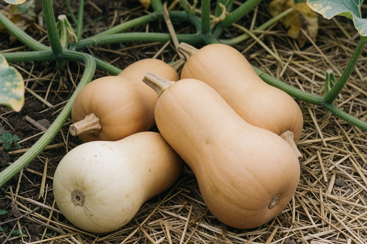 Four butternut squash resting on straw under the vine, each with a short corky cut stem still attached, one still pale cream