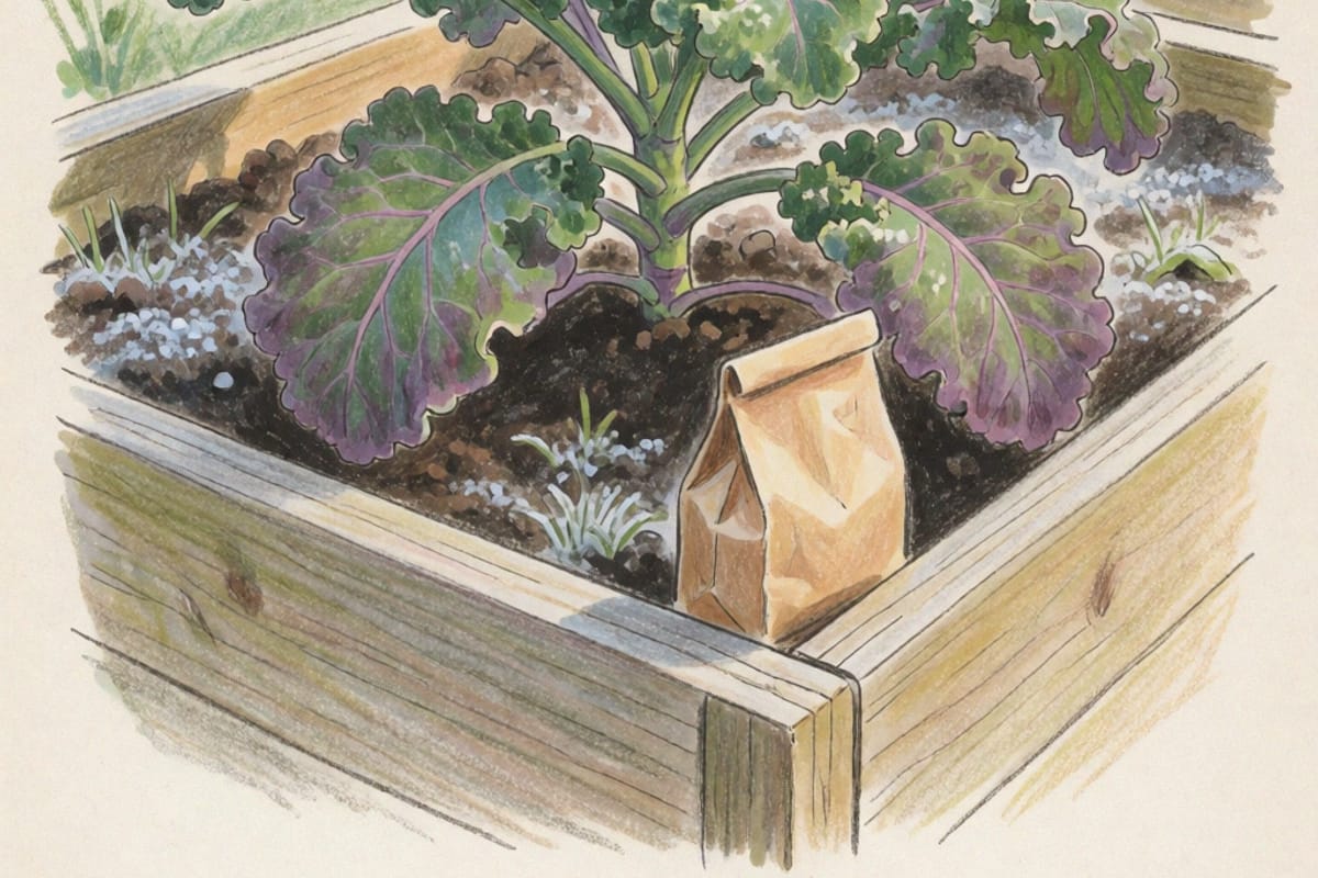 Colored-pencil drawing of a curly kale plant in a raised bed on a frosty autumn morning, its lower leaves tinged purple along the veins and edges, a closed paper bag of fertiliser set aside on the soil