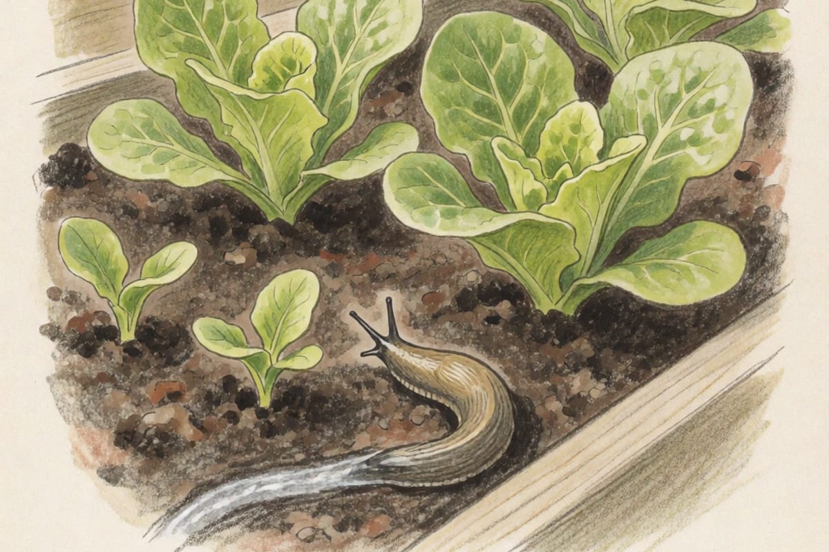 A colored pencil drawing of young lettuce plants in a timber raised bed with a grey-brown slug on the dark soil in front of them, eyestalks raised, and a silvery slime trail winding away behind it