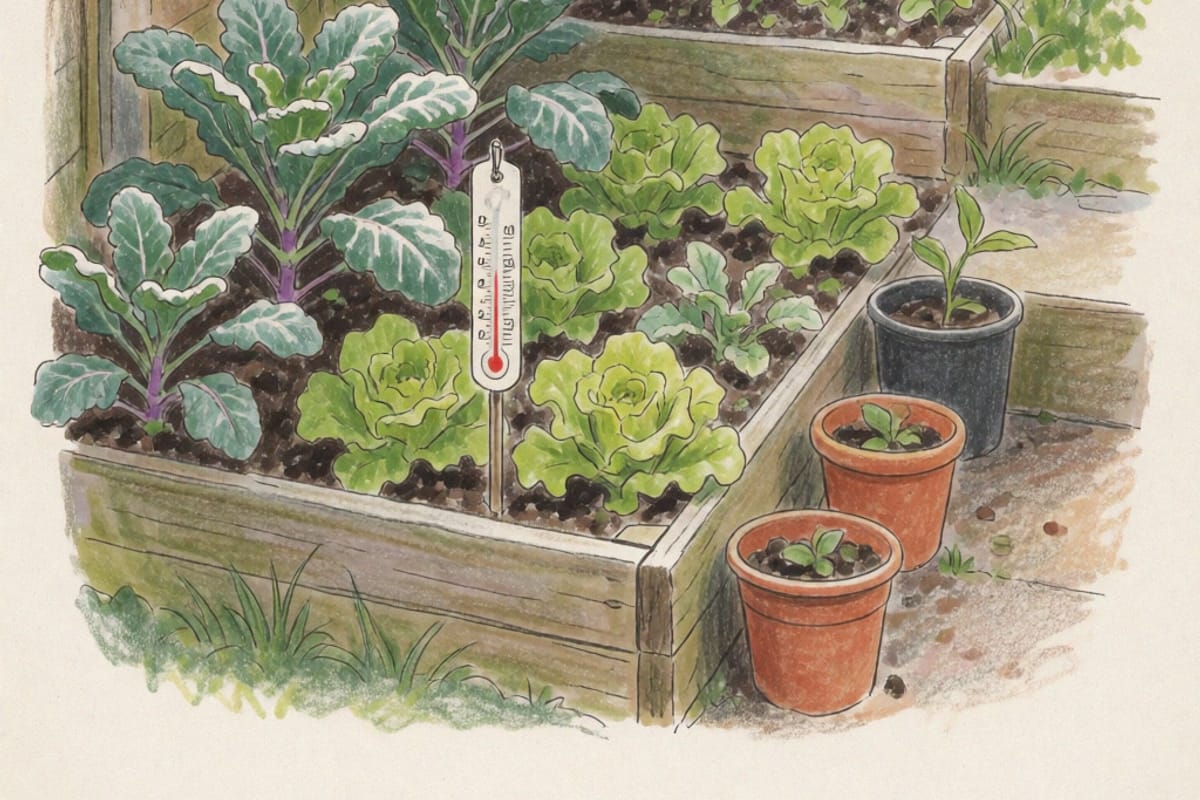 A colored pencil drawing of a raised vegetable bed with kale and lettuce, a min-max thermometer on a stake at plant height among the leaves, and a second bed stepping up behind it.