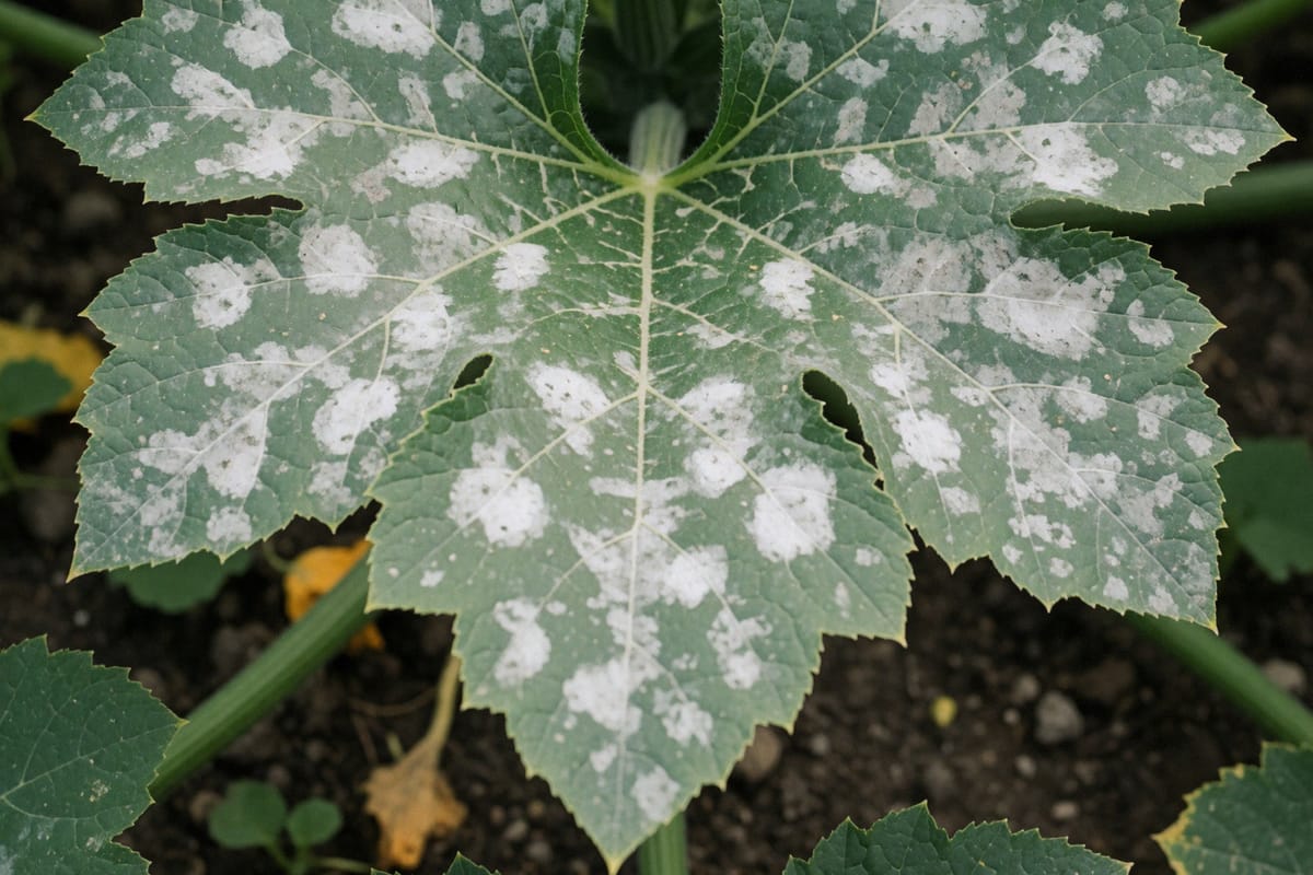 A large squash leaf covered in irregular white powdery mildew patches spreading between the veins